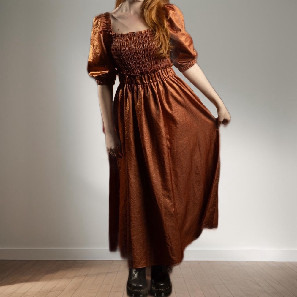 NWOT Moon River Burnt Orange Satin Puff Sleeve Smocked Midi A-Line Dress Size S